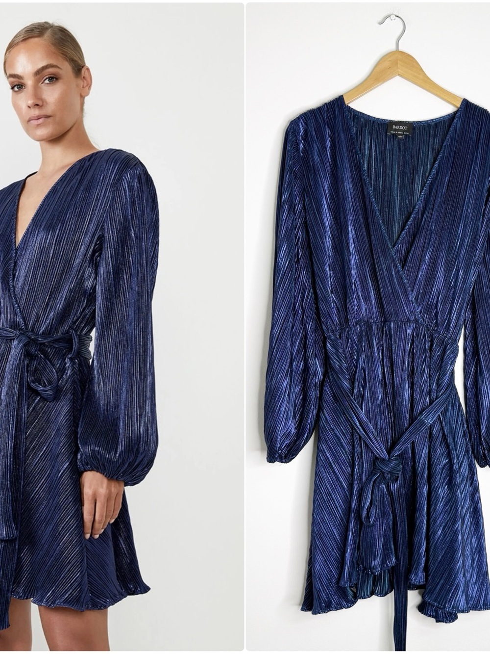 Bardot Melissa Pleated Metallic Wrap Dress Blue XL US 12